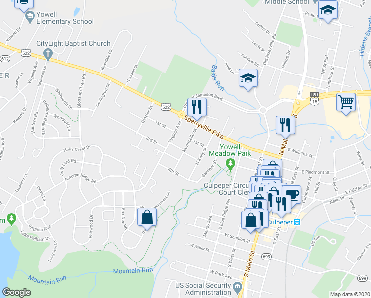 map of restaurants, bars, coffee shops, grocery stores, and more near 414 Monticello Street in Culpeper