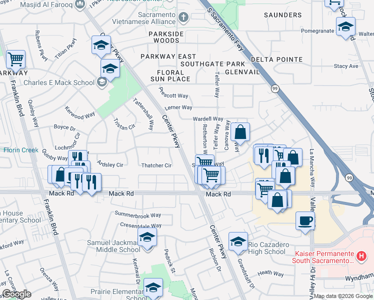 map of restaurants, bars, coffee shops, grocery stores, and more near 7740 Center Parkway in Sacramento