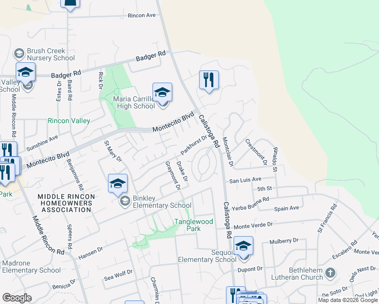 map of restaurants, bars, coffee shops, grocery stores, and more near 556 Drake Drive in Santa Rosa