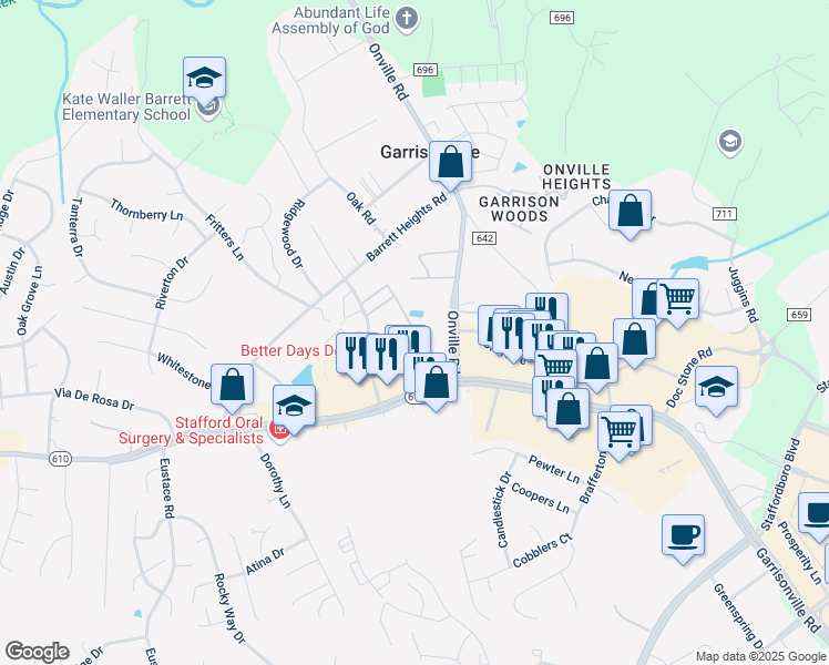 map of restaurants, bars, coffee shops, grocery stores, and more near 316 Surry Lane in Stafford