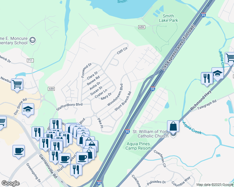 map of restaurants, bars, coffee shops, grocery stores, and more near 217 Woodstream Boulevard in Stafford