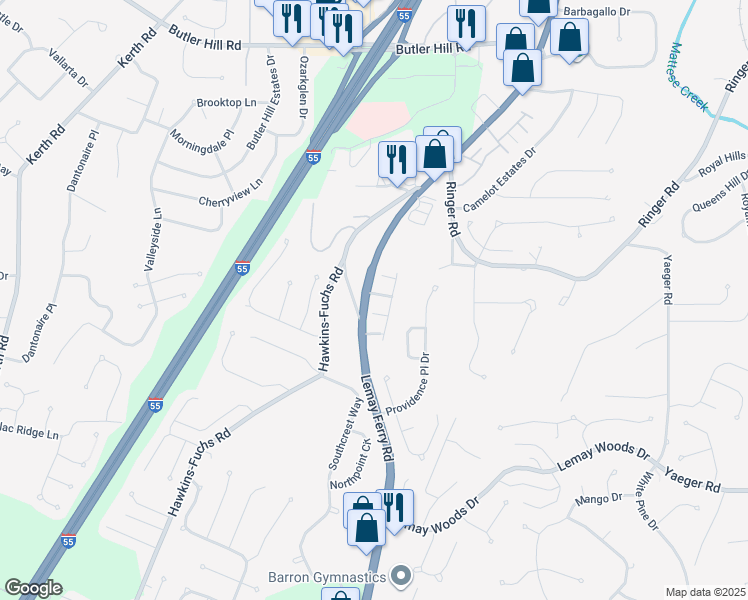 map of restaurants, bars, coffee shops, grocery stores, and more near 4216 Providence Pointe Drive in St. Louis