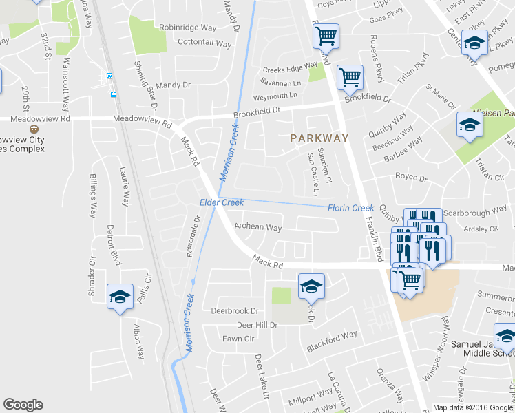 map of restaurants, bars, coffee shops, grocery stores, and more near 4105 Archean Way in Sacramento