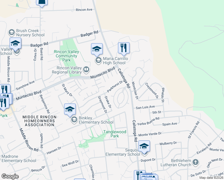map of restaurants, bars, coffee shops, grocery stores, and more near 556 Drake Drive in Santa Rosa
