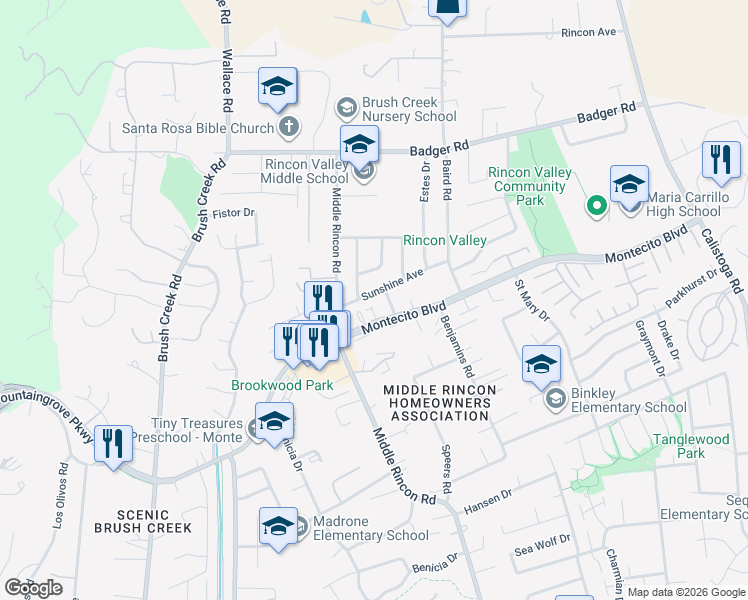 map of restaurants, bars, coffee shops, grocery stores, and more near 6623 Montecito Boulevard in Santa Rosa