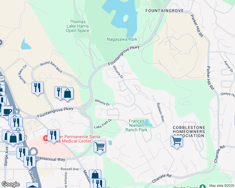 map of restaurants, bars, coffee shops, grocery stores, and more near 1831 Bella Vista Way in Santa Rosa