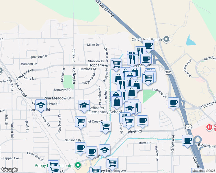 map of restaurants, bars, coffee shops, grocery stores, and more near 3576 Banyan Street in Santa Rosa