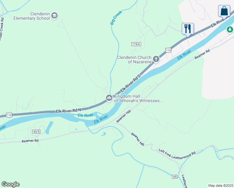 map of restaurants, bars, coffee shops, grocery stores, and more near 7076 Elk River Road North in Clendenin