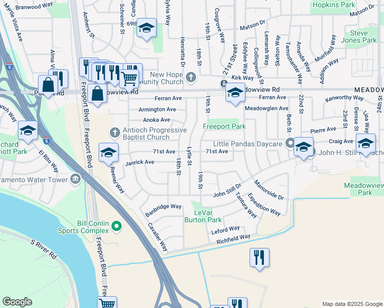 map of restaurants, bars, coffee shops, grocery stores, and more near 7701 Lytle Street in Sacramento