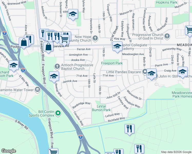 map of restaurants, bars, coffee shops, grocery stores, and more near 7701 Lytle Street in Sacramento
