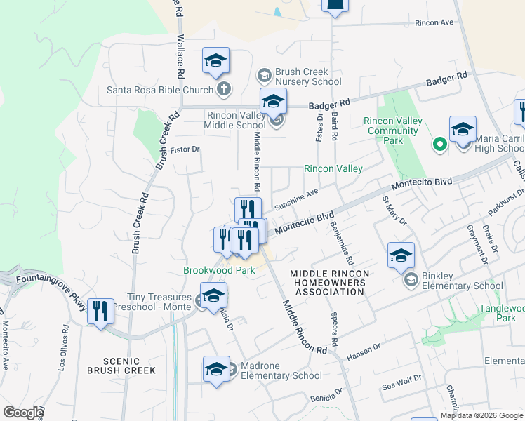 map of restaurants, bars, coffee shops, grocery stores, and more near 6623 Montecito Boulevard in Santa Rosa