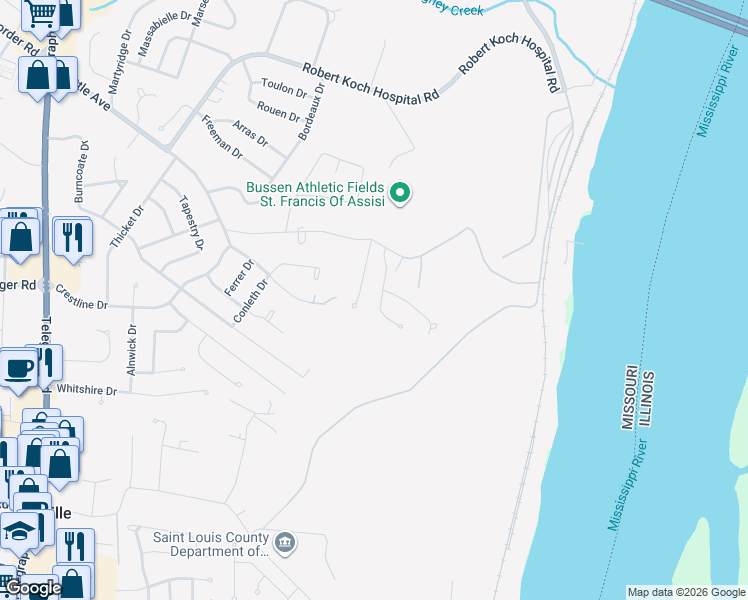 map of restaurants, bars, coffee shops, grocery stores, and more near 4339 Magoffin Trails Drive in St. Louis