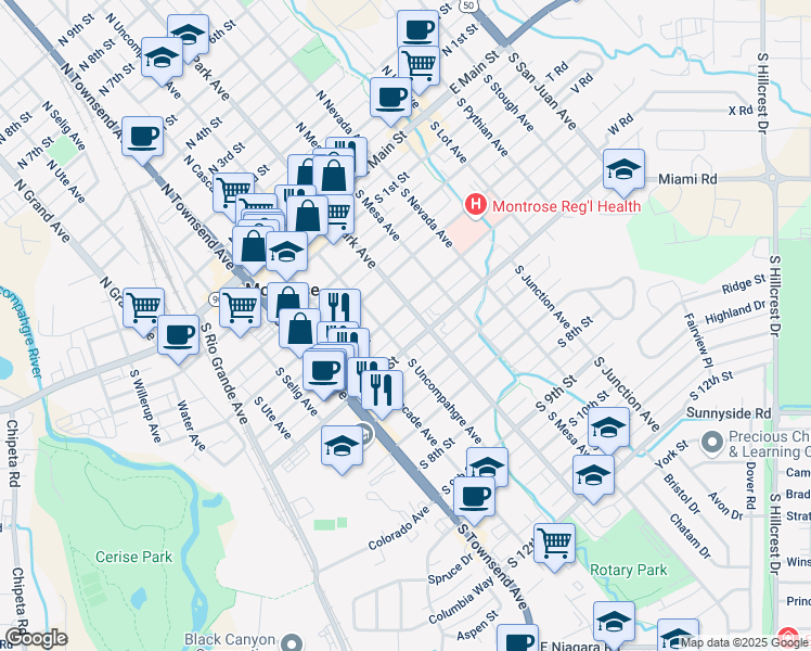 map of restaurants, bars, coffee shops, grocery stores, and more near 506 South 5th Street in Montrose