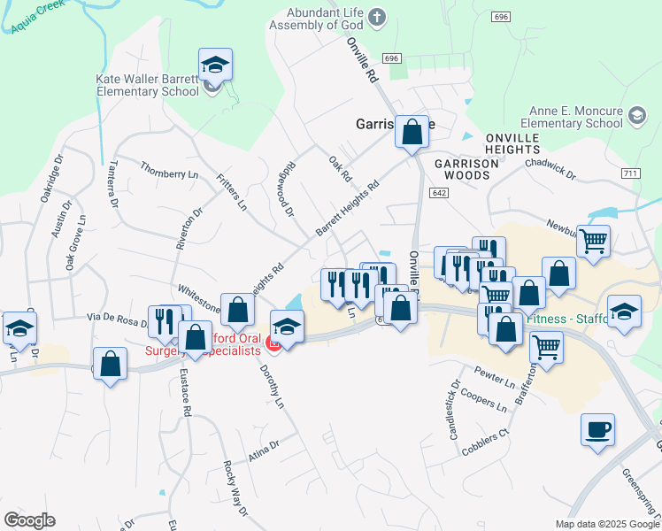 map of restaurants, bars, coffee shops, grocery stores, and more near 115 Madison Court in Stafford