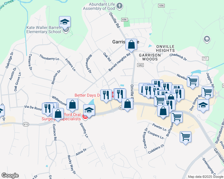map of restaurants, bars, coffee shops, grocery stores, and more near 105 Surry Lane in Stafford