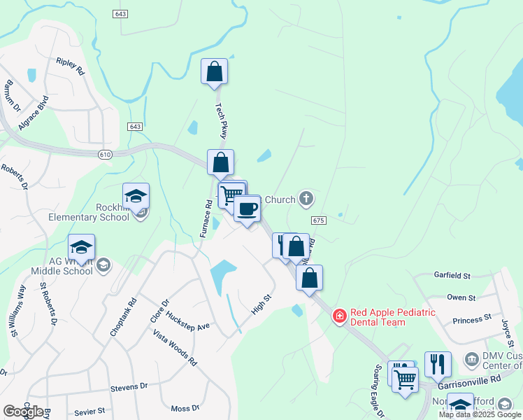 map of restaurants, bars, coffee shops, grocery stores, and more near 55 Keystone Drive in Stafford