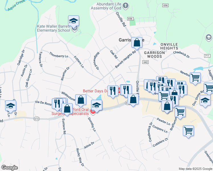 map of restaurants, bars, coffee shops, grocery stores, and more near 211 Madison Court in Stafford