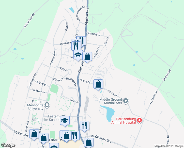 map of restaurants, bars, coffee shops, grocery stores, and more near 1110 Royal Court in Harrisonburg