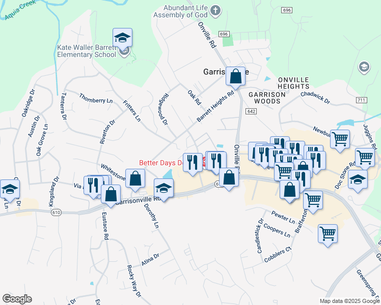 map of restaurants, bars, coffee shops, grocery stores, and more near 111 Madison Court in Stafford