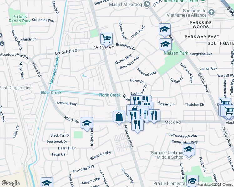 map of restaurants, bars, coffee shops, grocery stores, and more near 7705 Quinby Way in Sacramento