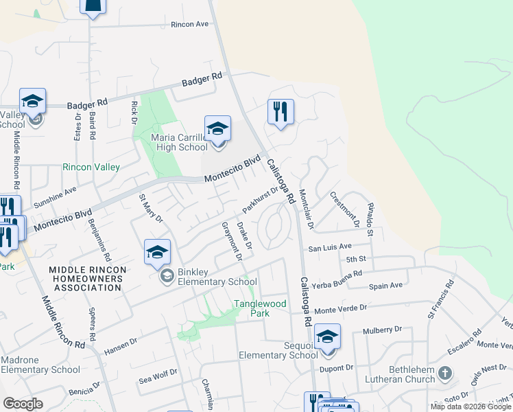 map of restaurants, bars, coffee shops, grocery stores, and more near 5095 Parkhurst Drive in Santa Rosa