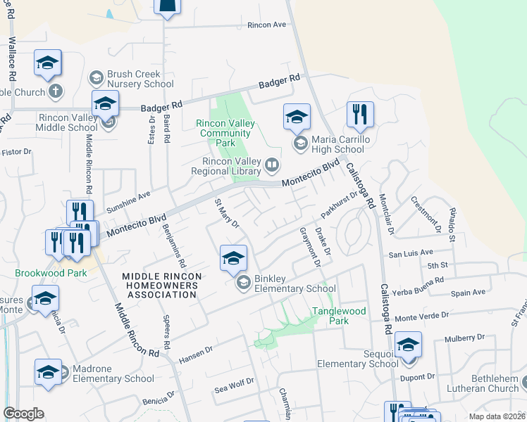 map of restaurants, bars, coffee shops, grocery stores, and more near 107 Glenoak Court in Santa Rosa