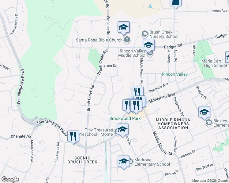 map of restaurants, bars, coffee shops, grocery stores, and more near 2520 Middle Creek Court in Santa Rosa