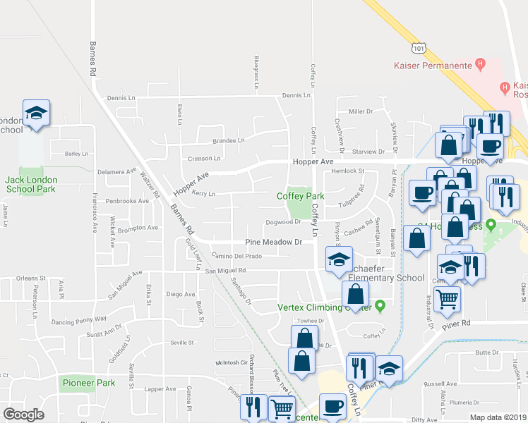 map of restaurants, bars, coffee shops, grocery stores, and more near 1606 Kerry Lane in Santa Rosa