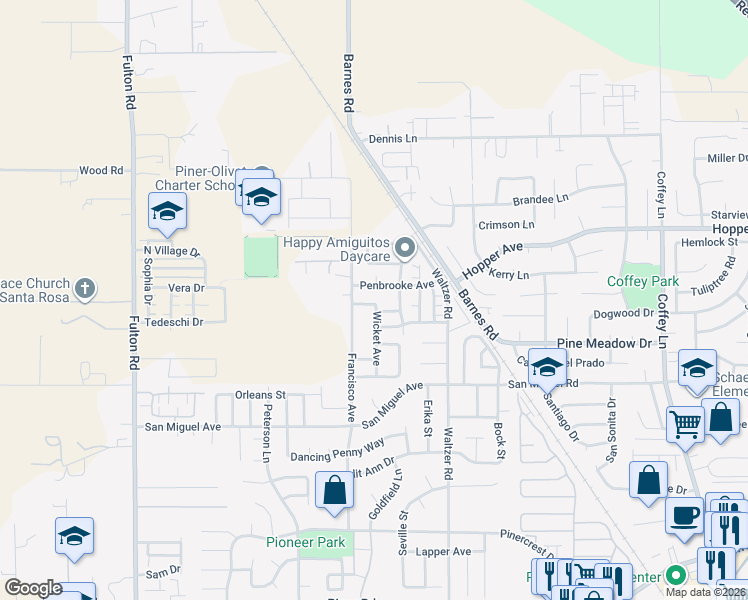 map of restaurants, bars, coffee shops, grocery stores, and more near 2447 Penbrooke Avenue in Santa Rosa