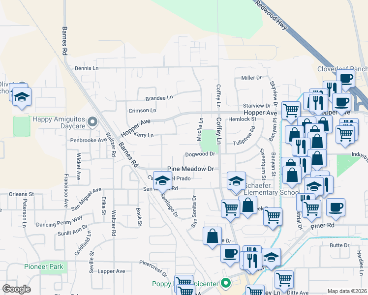 map of restaurants, bars, coffee shops, grocery stores, and more near 1606 Kerry Lane in Santa Rosa