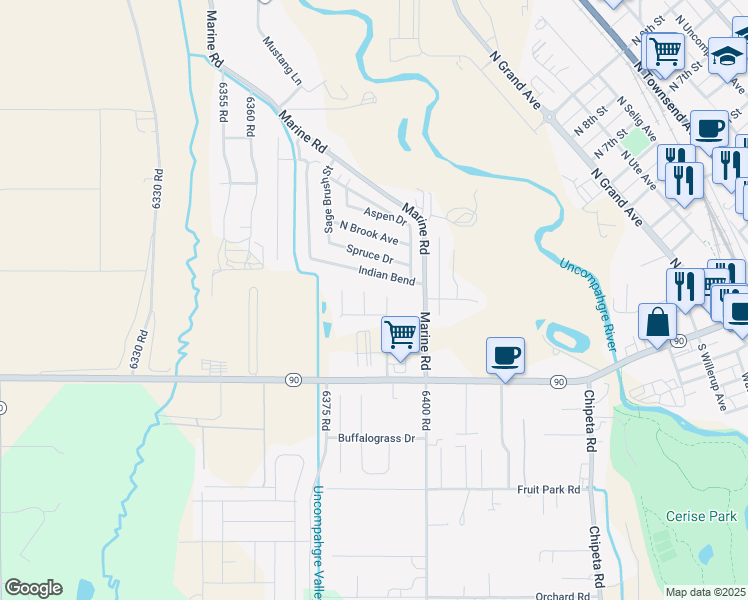 map of restaurants, bars, coffee shops, grocery stores, and more near Indian Bend in Montrose