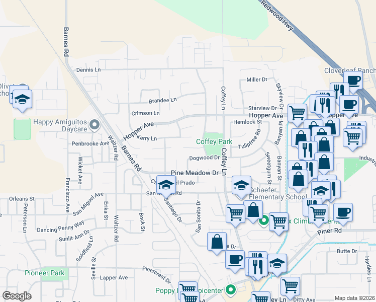 map of restaurants, bars, coffee shops, grocery stores, and more near 1628 Jenna Place in Santa Rosa