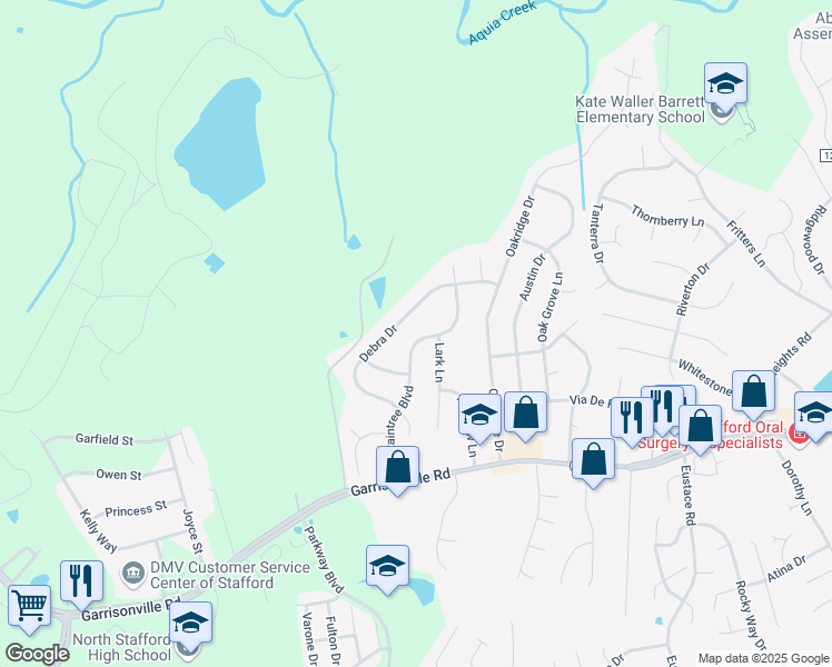 map of restaurants, bars, coffee shops, grocery stores, and more near 218 Raintree Boulevard in Stafford