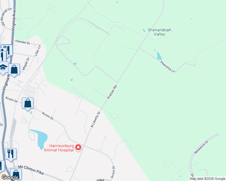 map of restaurants, bars, coffee shops, grocery stores, and more near 1991 Kratzer Road in Harrisonburg