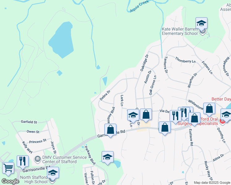 map of restaurants, bars, coffee shops, grocery stores, and more near 218 Raintree Boulevard in Stafford