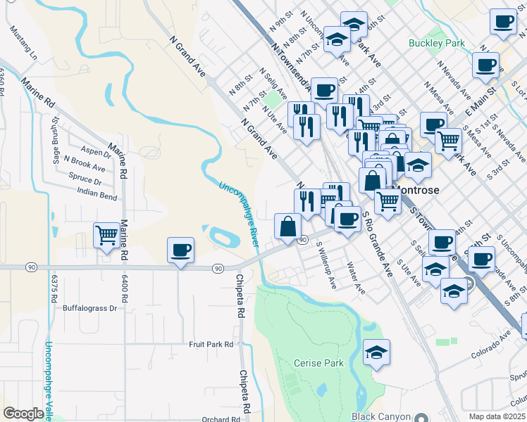 map of restaurants, bars, coffee shops, grocery stores, and more near 301 Beach Lane in Montrose