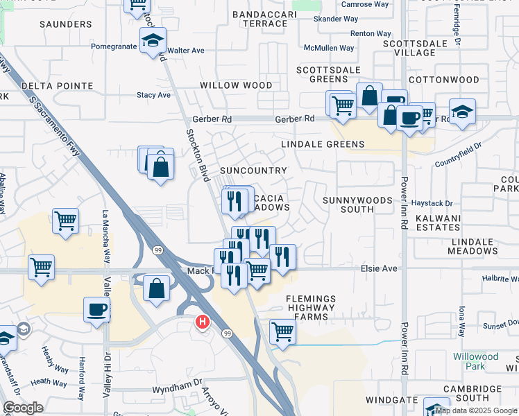 map of restaurants, bars, coffee shops, grocery stores, and more near 7735 Stockton Boulevard in Sacramento