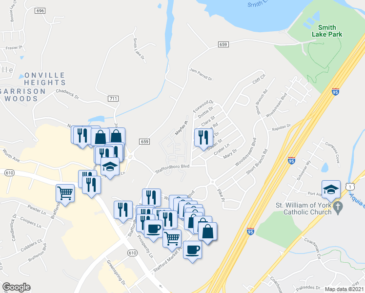 map of restaurants, bars, coffee shops, grocery stores, and more near 302 Grosvenor Lane in Stafford