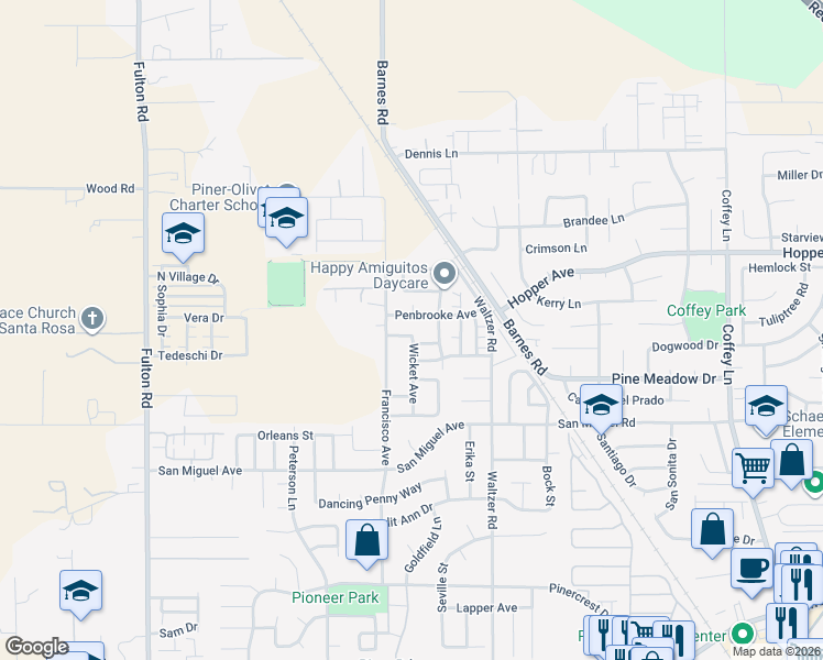map of restaurants, bars, coffee shops, grocery stores, and more near 2447 Penbrooke Avenue in Santa Rosa