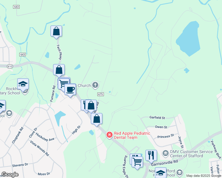 map of restaurants, bars, coffee shops, grocery stores, and more near 76 Toluca Road in Stafford