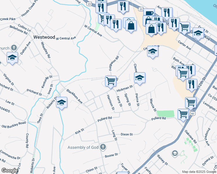 map of restaurants, bars, coffee shops, grocery stores, and more near 201 Carl Perkins Drive in Ashland