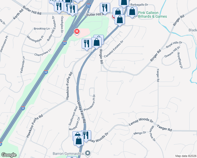 map of restaurants, bars, coffee shops, grocery stores, and more near 5498 Ringer Bend Road in St. Louis