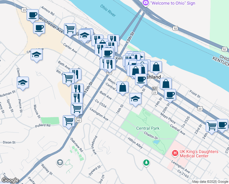 map of restaurants, bars, coffee shops, grocery stores, and more near 1420 Central Avenue in Ashland