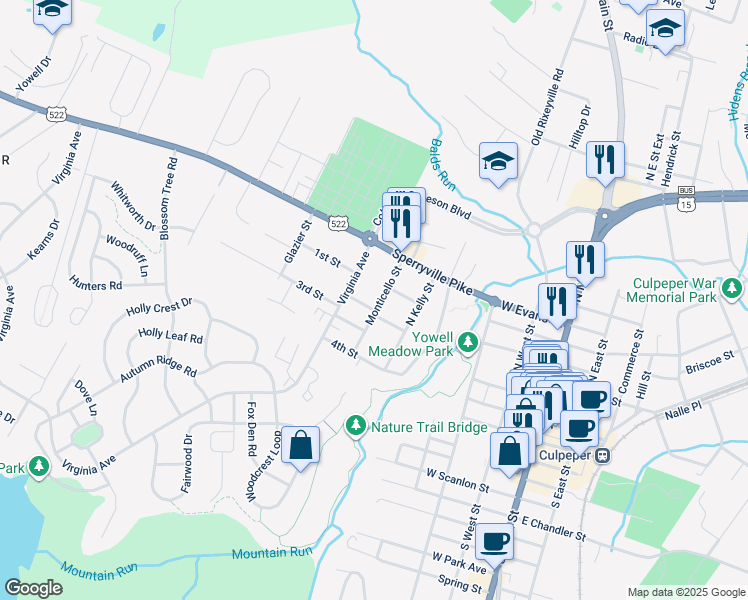 map of restaurants, bars, coffee shops, grocery stores, and more near 406 Monticello Avenue in Culpeper
