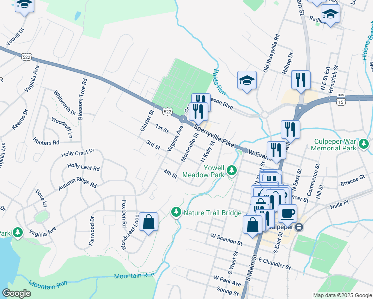 map of restaurants, bars, coffee shops, grocery stores, and more near 406 Monticello Avenue in Culpeper