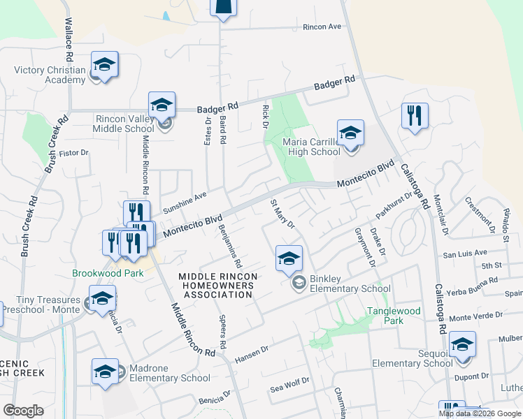 map of restaurants, bars, coffee shops, grocery stores, and more near 6844 Montecito Boulevard in Santa Rosa