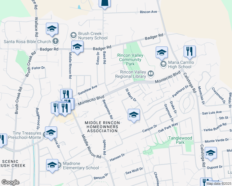 map of restaurants, bars, coffee shops, grocery stores, and more near 6844 Montecito Boulevard in Santa Rosa