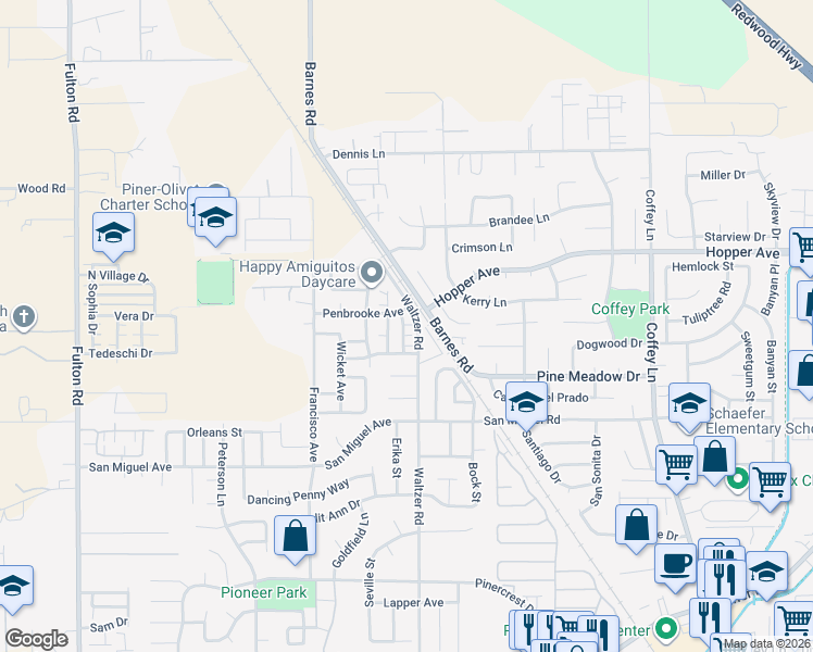map of restaurants, bars, coffee shops, grocery stores, and more near 2403 Penbrooke Avenue in Santa Rosa