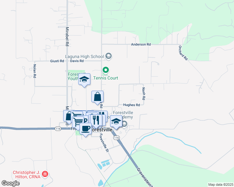 map of restaurants, bars, coffee shops, grocery stores, and more near 6270 Van Keppel Road in Forestville