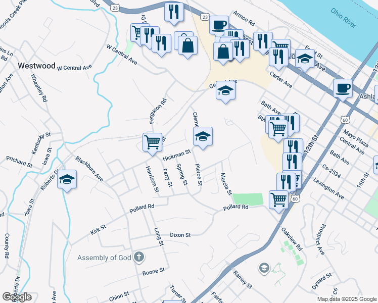 map of restaurants, bars, coffee shops, grocery stores, and more near 1820 Hickman Street in Ashland